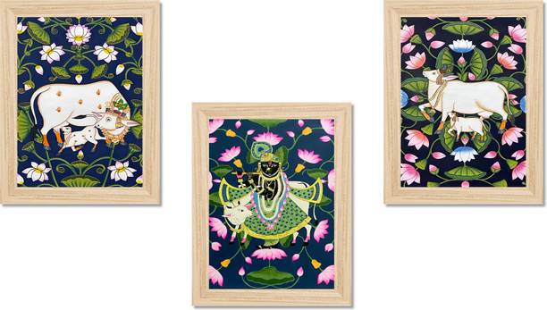 Decor Smart Krishna Cow Pichwai Wall Painting Set of 3 Frames Home Decor (PFDS_3PCS_1582) NA 13 inch x 10 inch Painting