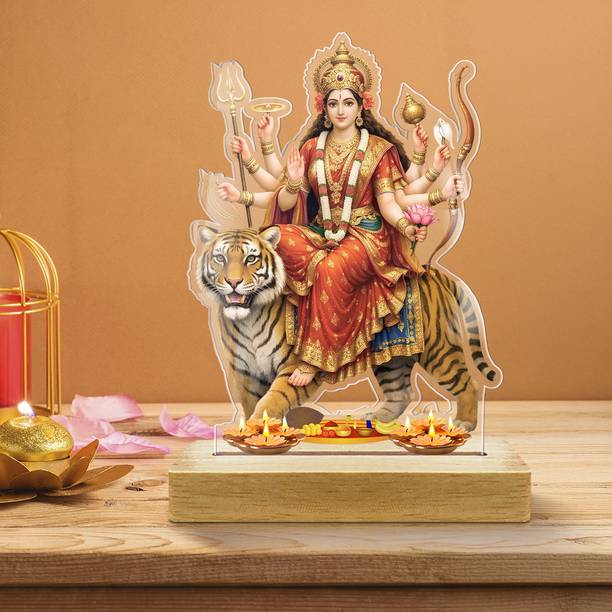 Fashionury Divine Maa Durga 3D Acrylic Frame with Wooden Base Decorative Showpiece  -  17.8 cm