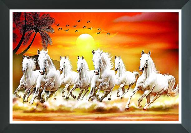 FRIZZY ARTS Seven horse lucky paintings | Lucky painting| Vastu photo frame| Vastu paintings Digital Reprint 14 inch x 20 inch Painting