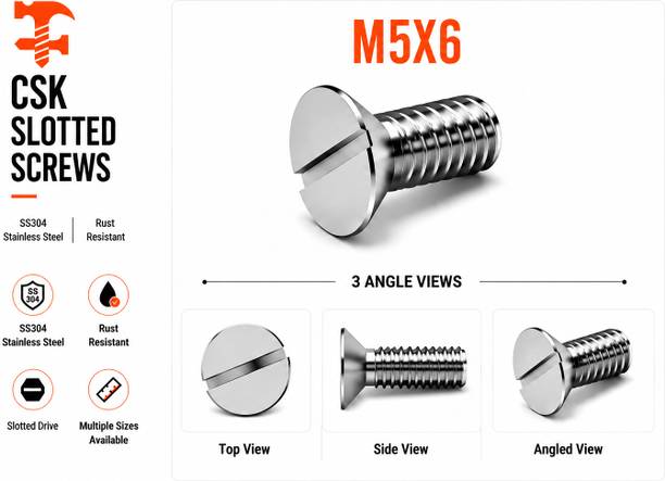 fasteners farm Bolt SS 304 CSK Slotted Screw M5X6 Pack of 50 (5X6mm)