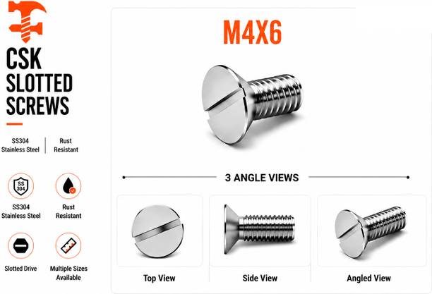 fasteners farm Bolt SS 304 CSK Slotted Screw M4X6 Pack of 50 (4X6mm)