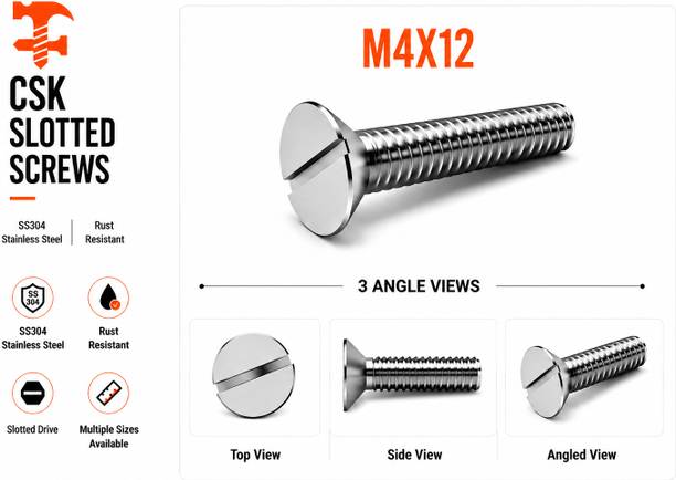 fasteners farm Bolt SS 304 CSK Slotted Screw M4X12 Pack of 50 (4X12mm)