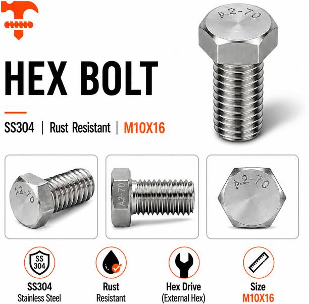 fasteners farm Bolt Hex Bolt M10X16 (Pack of 10)