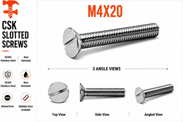 fasteners farm Bolt SS 304 CSK Slotted Screw M4X20 Pack of 50 (4X20mm)