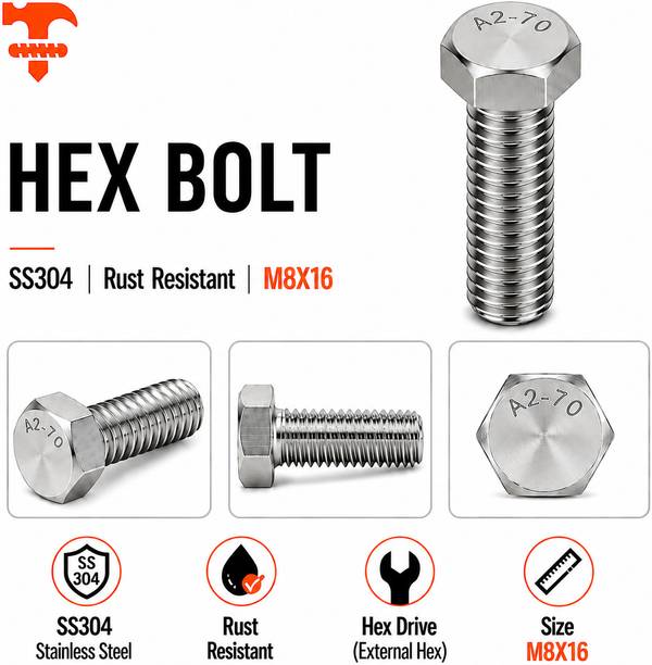 fasteners farm Bolt Hex Bolt M8X16 (Pack of 10)