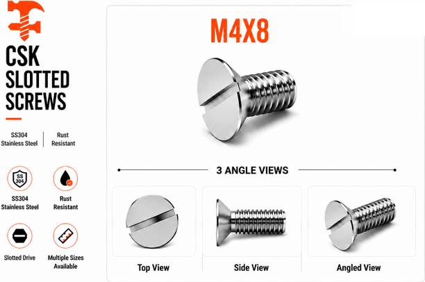 fasteners farm Bolt SS 304 CSK Slotted Screw M4X8 Pack of 50 (4X8mm)