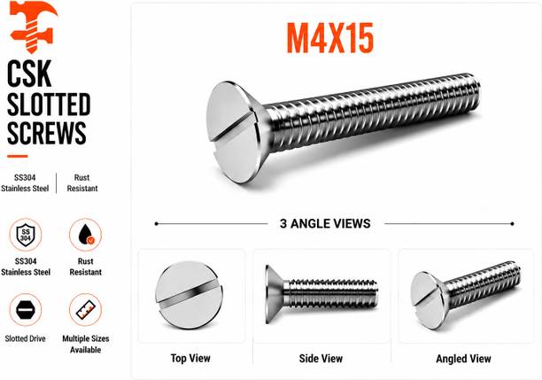 fasteners farm Bolt SS 304 CSK Slotted Screw M4X15 Pack of 50 (4X15mm)