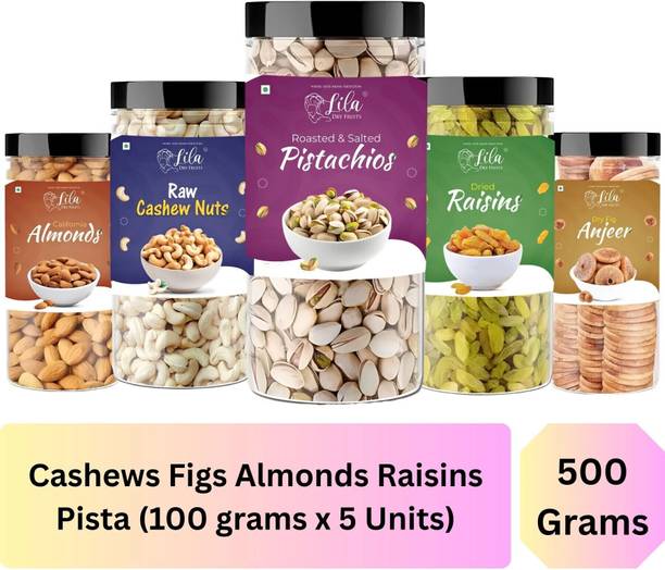 lila dry fruits Dry fruits combo pack of Cashews Almond Pista Raisins Fig (100 G x5) Cashews, Pistachios, Almonds, Raisins, Figs