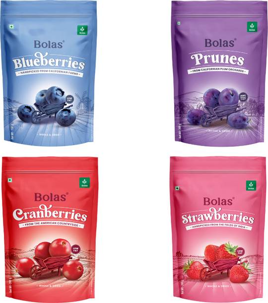Bolas Dried Berries Combo Pack - Cranberries, Blueberry, Strawberries, Prunes