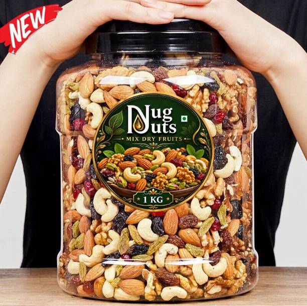 YUGNUTS Mix Dry Fruit { Panchmeva 1 Kg Jar Almonds, Apricots, Cashews, Raisins, Dry Dates