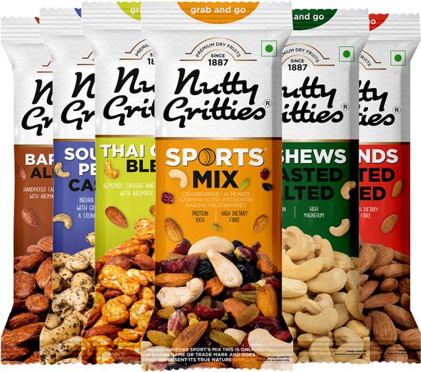 Nutty Gritties Grab And Go Mix Combo 240g ( Each Pouch 40g, Pack of 6 ) Almonds, Cashews, Pistachios, Blueberry, Cranberries, Plums, Raisins