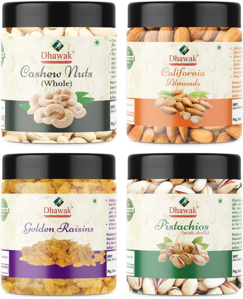 Dhawak Dry Fruits Combo For Diwali Deepawali Gift Pack For Family and Friends Jar Pack Cashews, Almonds, Raisins, Pistachios