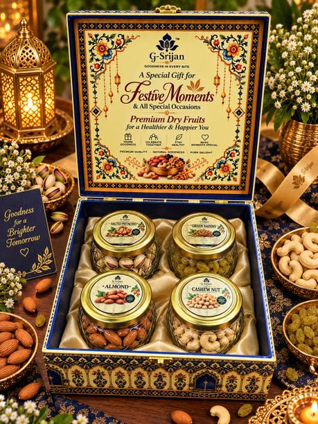 G-Srijan Premium MDF Box 4-Jar Assorted Dry Fruit Gift Box Almonds, Cashews, Pistachios, Raisins
