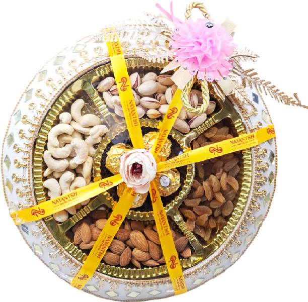 NAYANTSH Gift Thali hamper for Diwali, Wedding Gift Dry fruit & Ferrero Rocher Combo Almonds, Cashews, Pistachios, Raisins