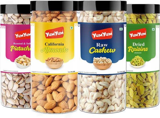 यम यम प्रीमियम ड्राई फ्रूट कॉम्बो पैक 1Kg - बादाम, काजू, पिस्टाचियो एंड किशमिश 250g ईच -