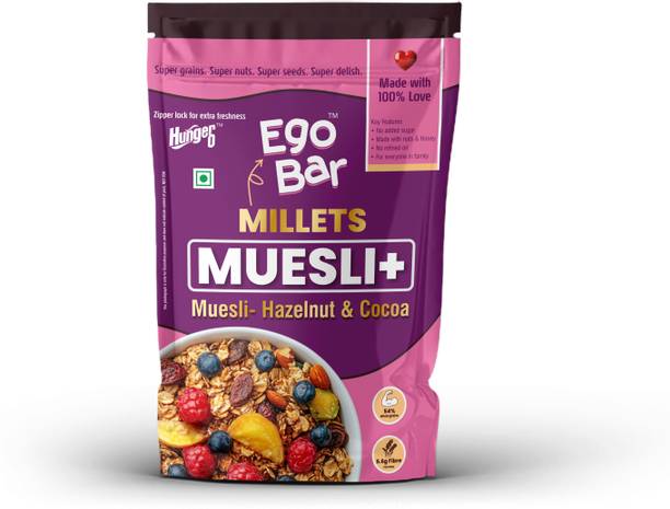 hunger0 Ego Bar Millets Muesli+ Hazelnut & Cocoa | 300g Healthy Breakfast Cereal Hazelnuts, Cranberries, Figs, Almonds, Raisins