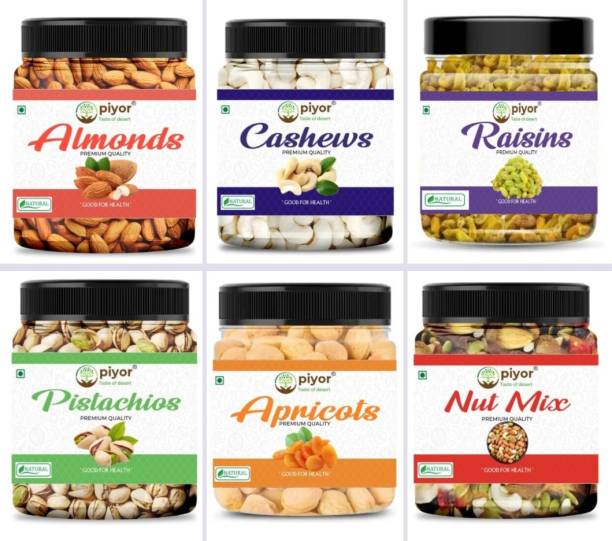 PIYOR 100% Natural Premium Quality Dryfruits Combo Pack of 6 Almonds, Cashews, Raisins, Pistachios, Apricots, Assorted Nuts