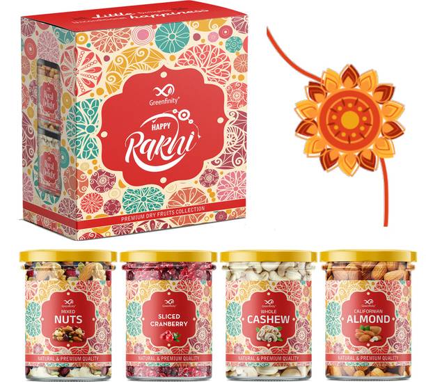 Greenfinity Rakhi for Brother Combo with Gift Box of Premium Dryfruits Assorted Fruits & Nuts, Cashews, Cranberries, Almonds