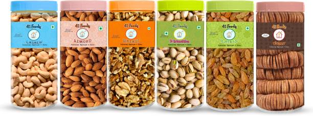 41 foods Dry fruits combo pack of Healthy 6 Badam Anjeer Kaju Akhrot Pista Kishmish 900GM Almonds, Pistachios, Cashews, Raisins, Walnuts, Figs