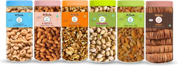 41 foods Dry Fruits Combo Pack of Healthy 6 Kaju Pista Badam Akhrot Kishmish Anjeer 1.5KG Cashews, Almonds, Pistachios, Walnuts, Raisins, Figs
