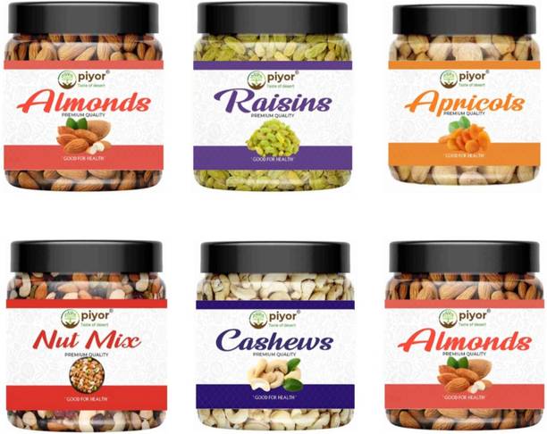 PIYOR 100% Natural Premium Quality Dryfruits Combo Pack of 6 Almonds, Raisins, Apricots, Assorted Nuts, Cashews, Assorted Nuts