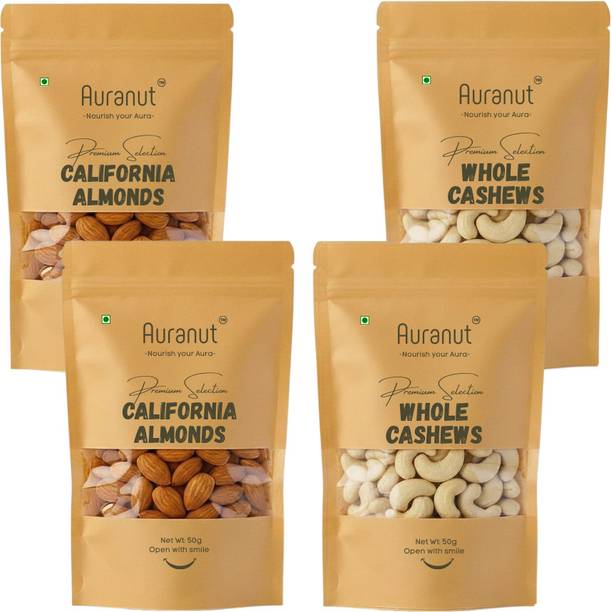 AURANUT Premium California Almonds & Whole Cashews Combo | Crunchy & Fresh | 50 g Each Almonds, Cashews
