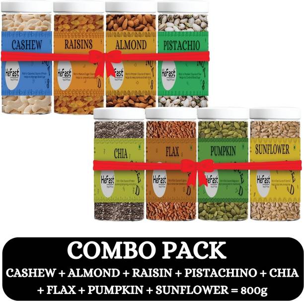 HeFast Premium Dry Fruits and Seeds Combo Pack 800g - Chia, Flax, Pumpkin, Sunflower, Almonds, Cashews, Pistachios, Raisins