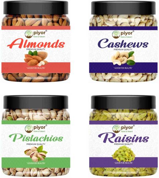 PIYOR 100% Natural Premium Quality Dryfruits Mix Combo Pack Of 4 Almonds, Cashews, Raisins, Pistachios