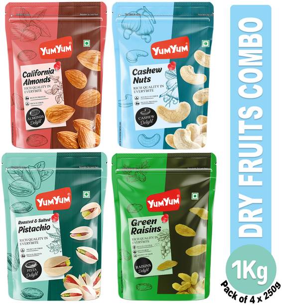 YUM YUM Premium Dry fruit Combo Pack 1Kg - Badam, Kaju, Pistachio & Kishmish 250g Each - Almonds, Cashews, Pistachios, Raisins