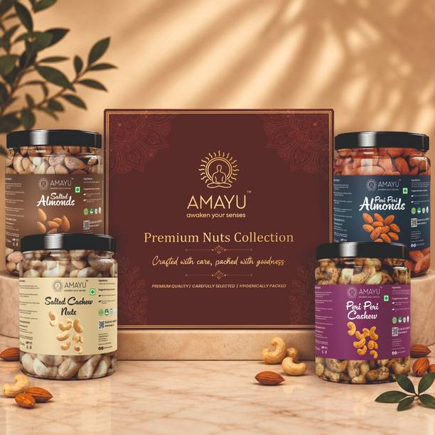 AMAYU Premium Roasted Dry Fruits Gift Hamper | Salted & Peri Peri Almonds, Cashews