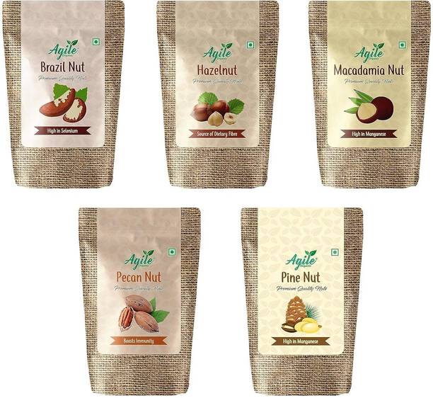 Agile Organic Exotic Nut Combo - 250 gm Classic Nuts Combo (50g Each Trial pack) Brazil Nuts, Macadamia Nuts, Hazelnuts, Pecans, Pine Nuts