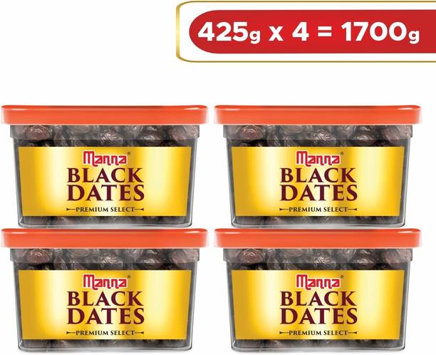 Manna Black Dates - 1.6kg (400g x 4 Packs) | Select Premium Organic Handpicked Dates | Khajoor | Khajur | Soft Dried Healthy Snack | Soft & Juicy texture | Zero Added Sugar & Preservatives | Rich in Iron, Fibre & Vitamins Dry Dates Dry Dates