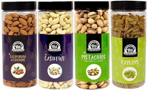 WONDERLAND Foods Premium Dry Fruits Combo Pack of 4 - 500 gram Each Almonds, Cashews, Pistachios, Raisins