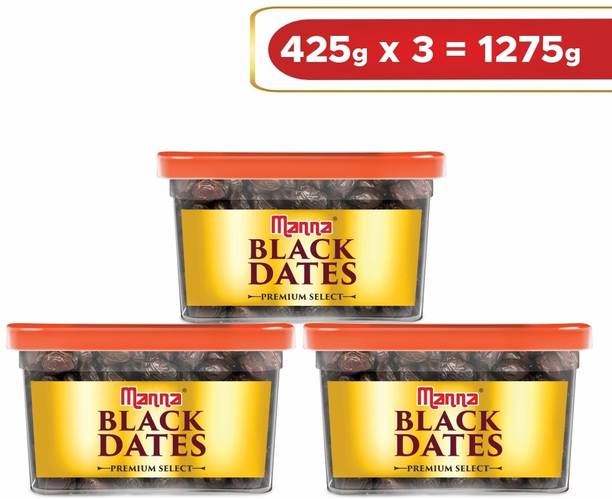 Manna Black Dates - 1.2kg (400g x 3 Packs) | Select Premium Organic Handpicked Dates | Khajoor | Khajur | Soft Dried Healthy Snack | Soft & Juicy texture | Zero Added Sugar & Preservatives | Rich in Iron, Fibre & Vitamins Dry Dates Dry Dates