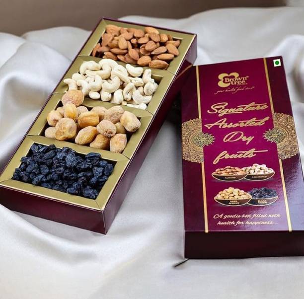 Brown tree SIGNATURE 4P-140g|Dry Fruits & Nuts Gift Hamper|Corporate&Festive Gift,4 Premium Assorted Fruits & Nuts, Almonds, Cashews, Apricots, Raisins