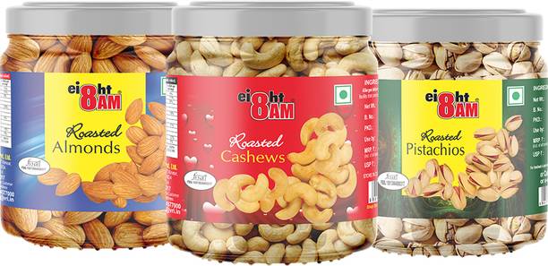 8AM Roasted & Salted Dry Fruits Combo Pack of Almond, Cashew, Pistachios, 200g Each