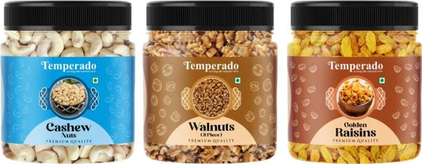Temperado Cashew (250gm),Walnut(250gm) & Green Raisin(250 gm) Combo | Kaju Akhrot Kishmish Cashews, Raisins, Walnuts