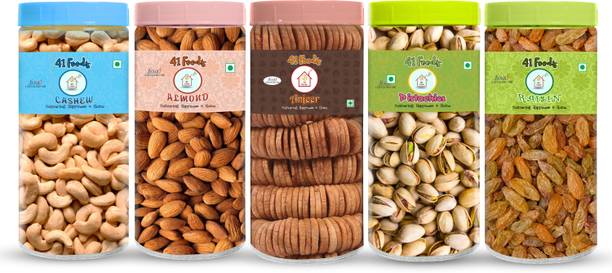 41 foods Dry fruits combo pack of Premium 5 Badam Anjeer Kaju Pista Kishmish 750 GM Almonds, Cashews, Figs, Pistachios, Raisins