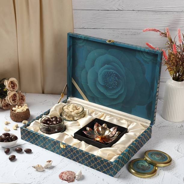 Sonature 100% Natural & Healthy Dryfruits with Blue rose Print Design two jar and box Almonds, Cashews