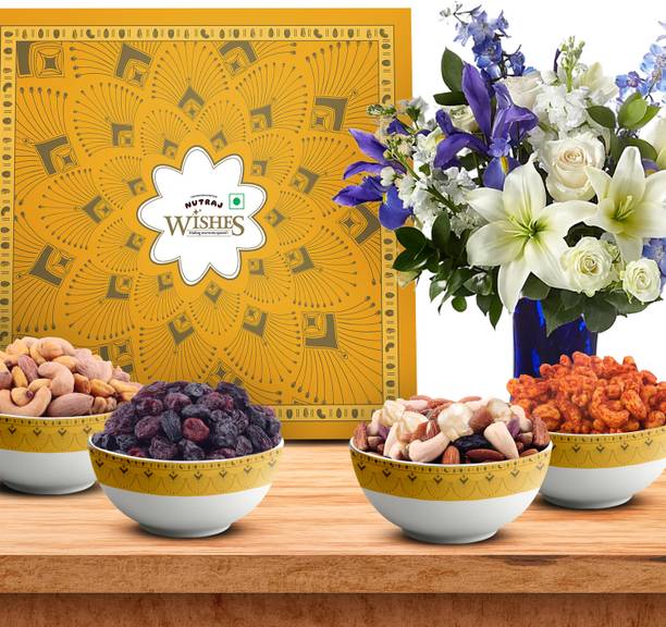 Nutraj Wishes Yellow Bloom Diwali Gift Box 600g, Bowls 4Pcs, Corn, Nut Mix, Berry Medly Cashews, Assorted Nuts