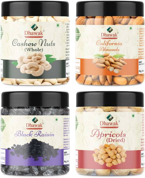 Dhawak Dry Fruits Combo For Diwali Deepawali Gift Pack For Family and Friends Jar Pack Cashews, Almonds, Raisins, Apricots