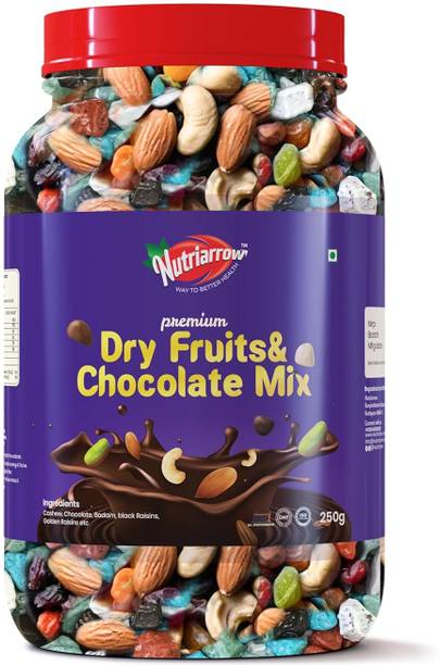 Nutriarrow Premium Dry Fruits & Chocolate Mix | Healthy Snack 250g Jar Cashews, Almonds, Raisins