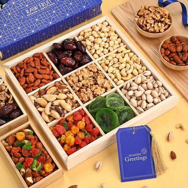 HyperFoods RawFruit Premium 9 Dry Fruit Combo Wooden Gift Box | Premium Dried Fruit Berries Combo Gift Pack with Greeting Card | Happy Diwali Festival Gift Hampers for Corporates Friends & Relatives