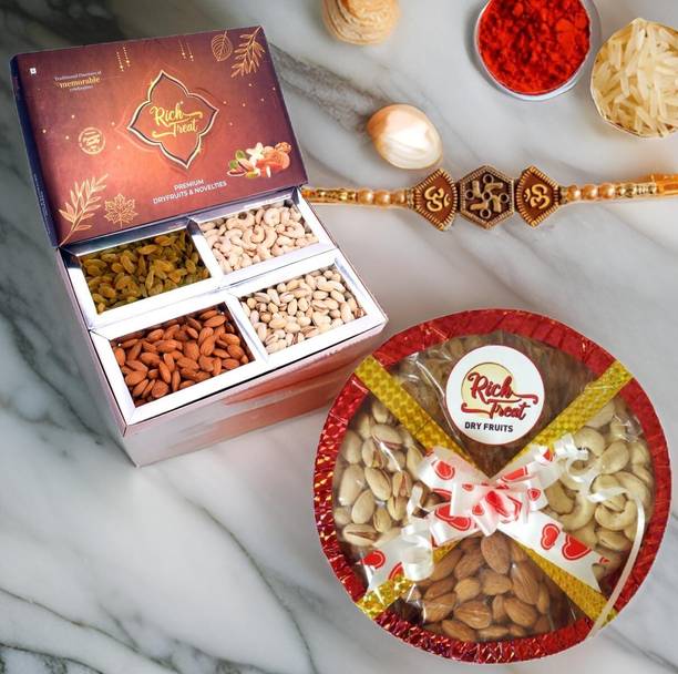 Rich Treat Dry Fruit Combo For Festival Gifting | 1 Gift Box, 1 Basket and Rakhi Combo Cashews, Almonds, Raisins, Pistachios