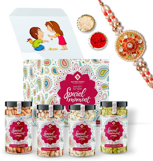 Nature Purify Rakhi For Brother Combo With Gift Dry Fruits Premium Rakhi Gift Almonds, Cashews, Pistachios, Raisins