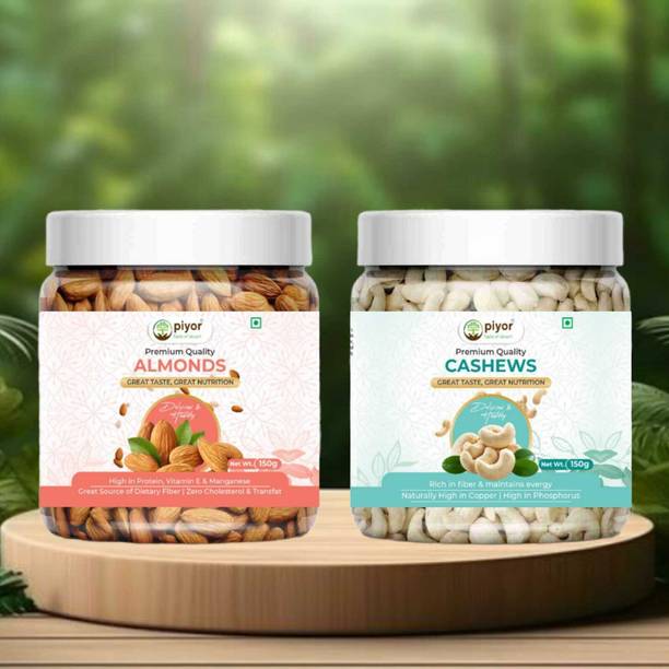 PIYOR 100% Natural Premium California Almonds & Cashews Combo 300 g (150g Pack of 2) Almonds