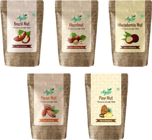 Agile Organic Exotic Nut Combo - 500 gm Classic Nuts Combo (100g Each pack) Brazil Nuts, Macadamia Nuts, Hazelnuts, Pecans, Pine Nuts