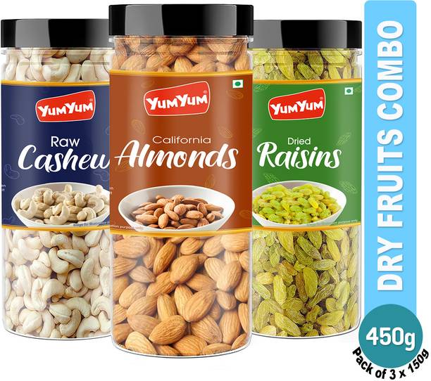 YUM YUM Premium Jumbo Almond (150g) Cashew (150g) and Raisins (150g) 450g Dry Fruits Combo Pack- Almonds, Cashews, Raisins
