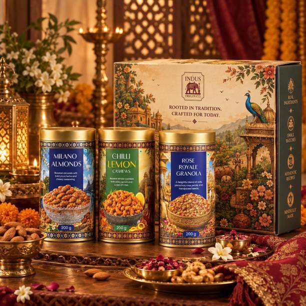 INDUSORIGIN CO Dry Fruit Gift Hamper | Roasted Almonds, Chilli Lemon Cashews & Rose Granola