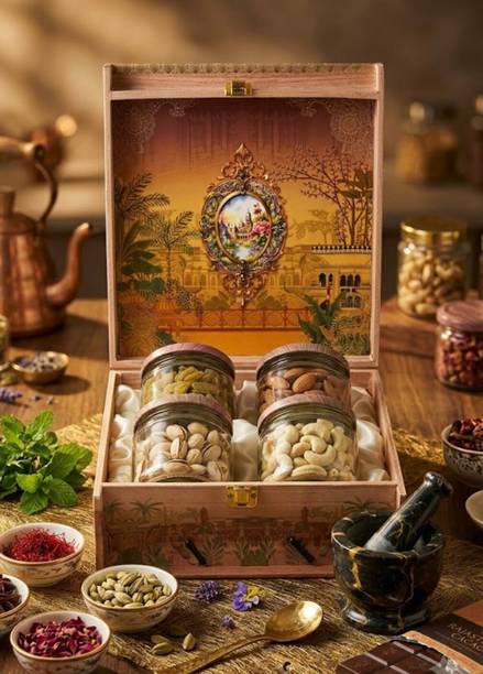Riddhi Siddhi Enterprises Wooden Dry Fruit Gift Hamper Box with 4 Glass Jars Almonds, Cashews, Raisins, Pistachios